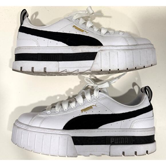 PUMA Mayze Leather Platform White Sneakers Retro Streetwear Size W7.5 - Picture 4 of 8